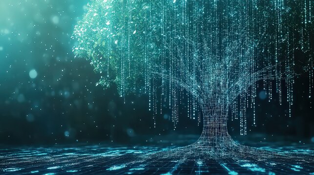 Digital tree with glowing leaves and roots on a patterned surface in a dark teal environment