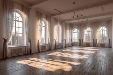 Obraz premium Spacious room with large arched windows and sheer curtains.