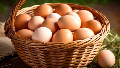 A basket overflowing with fresh, brown and light brown eggs, nestled in a rustic setting.