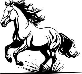 Black and white vector silhouette of a powerful horse running with dynamic motion and flying mane, isolated on white background