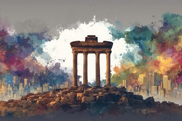 Fototapeta premium Majestic ancient ruins stand on rocky terrain, juxtaposed with a modern skyline. A colorful, swirling sky hints at sunset, creating a striking contrast between past and present.