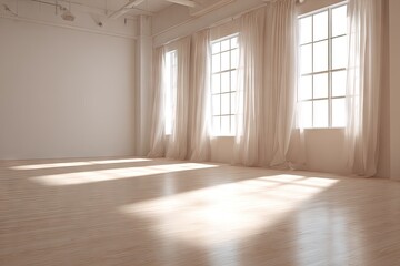 Fototapeta premium Empty room with large windows and sheer curtains.