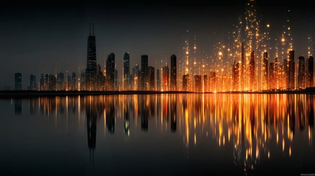 Futuristic Smart City Skyline with Digital Data Streams at Night - Powered by Adobe