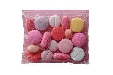 Obraz premium Round therapeutic pills or drugs for treatment in transparent plastic bag isolated on transparent background, medicine and healthcare concept, top view
