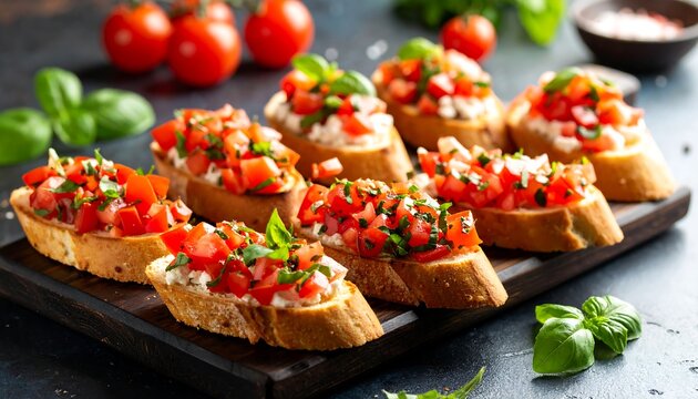 Aromatic tomato bruschetta appetizers arranged artfully on a dark wooden board, showcasing fresh, vibrant colors and textures.