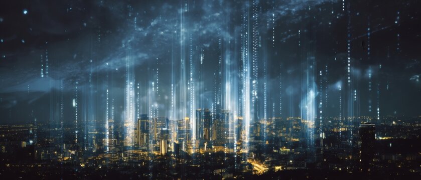Futuristic Smart City Skyline with Digital Data Streams at Night