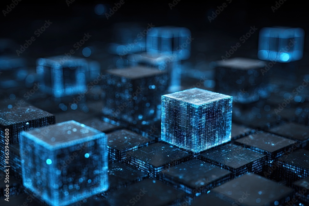 Poster a close-up view of a network of glowing blue cubes, each with intricate digital patterns. dark backg