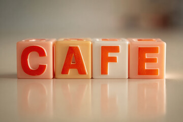 Colorful foam alphabet blocks spelling “CAFE” in orange tones, arranged on a soft surface with cozy light.