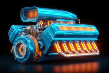 A detailed engine design features bright blue and glowing orange elements. The setup highlights the complexity of the engines parts, emphasizing the intricate machinery in a striking dark setting.
