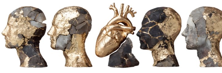 Human body, head and heart objects broken and repaired with gold using kintsugi technique. Healing and resilience concept.