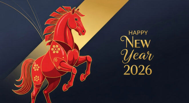 Happy New Year 2026 greeting card with a rearing red horse. Chinese fire horse zodiac sign for celebration design and oriental culture.