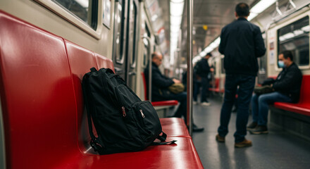 A black backpack rests on a red seat inside a subway car with passengers in the background blurred out