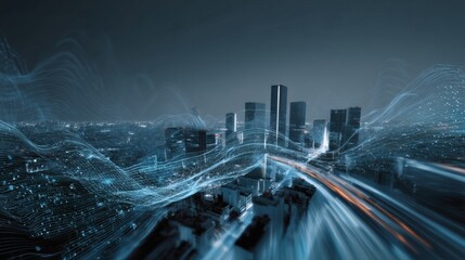Futuristic Smart City Skyline with Digital Data Streams at Night