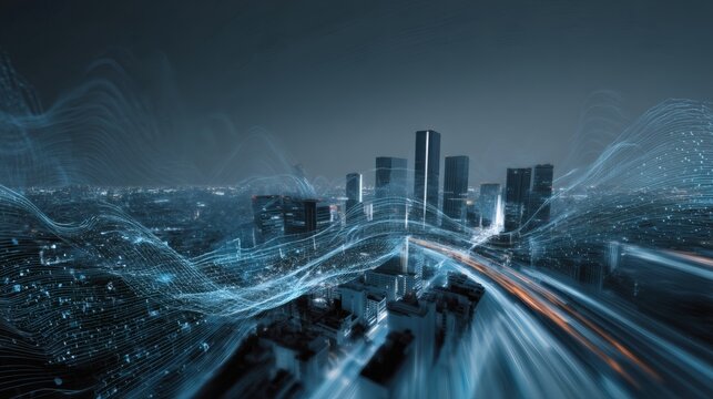 Futuristic Smart City Skyline with Digital Data Streams at Night