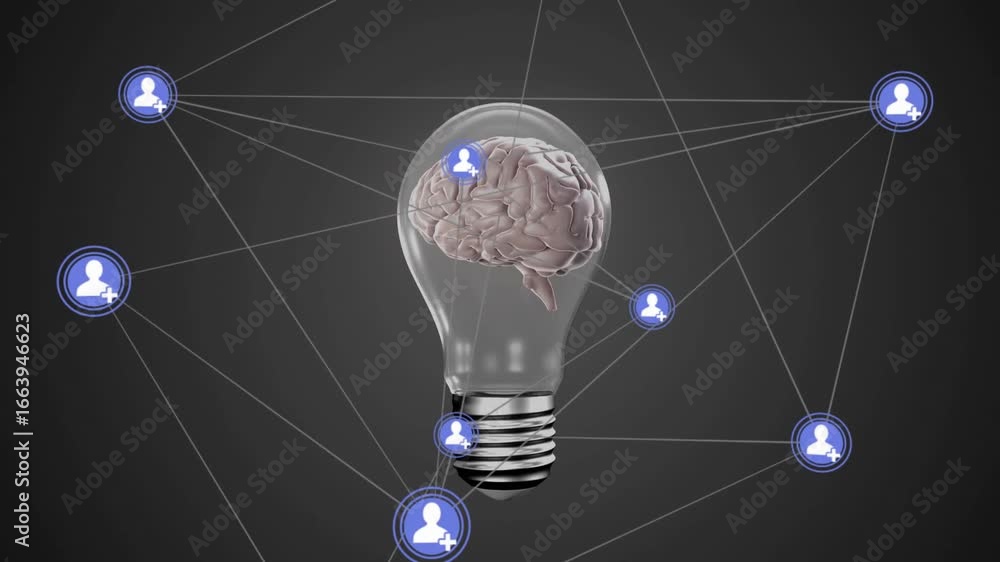 Poster opening light bulb with brain making lines form and icons appear, rotating mesh showing user links