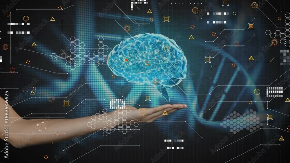 Poster dna helix drifting human hand launching data sphere morphing into rotating 3d brain for analysis