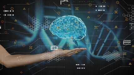 DNA helix drifting human hand launching data sphere morphing into rotating 3D brain for analysis - Powered by Adobe