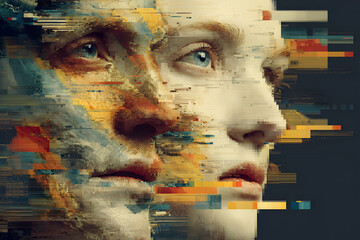 glitch art composition of male female face merged with digital code and futuristic visual interference effect