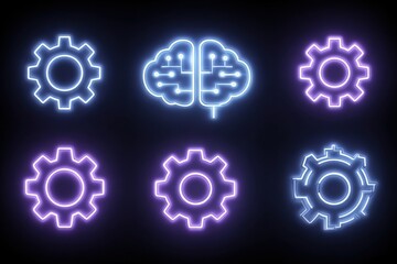 Naklejka premium Neon gears and a brain design represent concepts related to artificial intelligence and technology. This modern arrangement highlights the interplay between machinery and cognitive processes.
