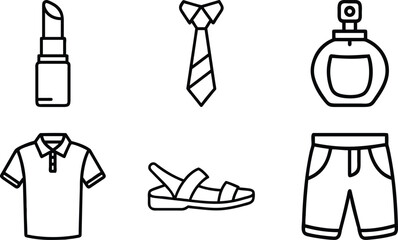 Fashion and clothing line icons including lipstick tie perfume polo shirt sandals and shorts 1