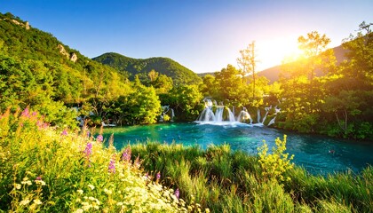 Picturesque waterfall in Plitvice Lakes National Park under bright sunlight