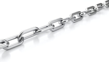 Obraz premium A long, polished metal chain stretches across a white background. Links are closely connected, reflecting the light