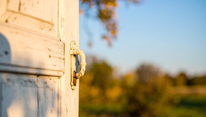 A weathered, white wooden door, subtly highlighted by sunlight, opens onto a blurred autumnal landscape.