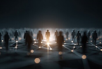 A single figure stands out amidst a large group of people, illuminated by a bright light, while interconnected by a network of lines