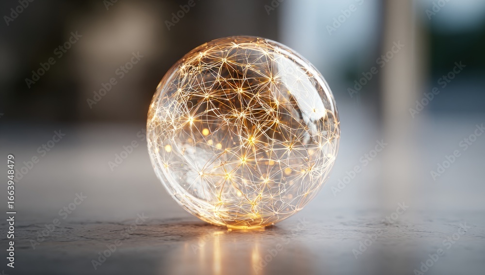 Poster a translucent sphere, glowing with interconnected points of light, rests on a light-gray surface