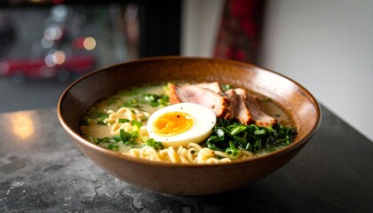 A bowl of steaming ramen noodles, pork, egg, and green onions sits on a dark gray table, showcasing a delicious Asian meal.