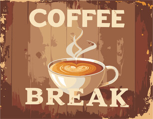 Retro Coffee Poster Coffee Break
Retro vintage poster featuring a coffee cup with latte art, text “Coffee Time”, dark brown and cream colors, distressed wood texture background, classic grunge effect