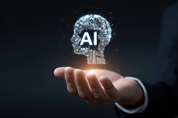 A hand holds a glowing AI head graphic