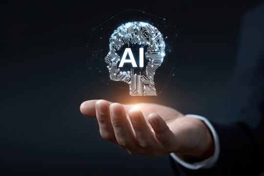 A hand holds a glowing AI head graphic - Powered by Adobe