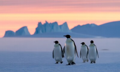 Penguins marching across icy landscape under a pastel pink sunrise sky