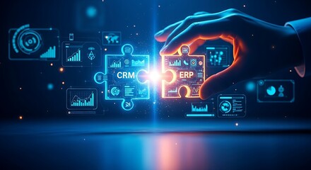 System integration concept. A hand joins two puzzle pieces representing different software (e.g., CRM, ERP), which glow upon connection.