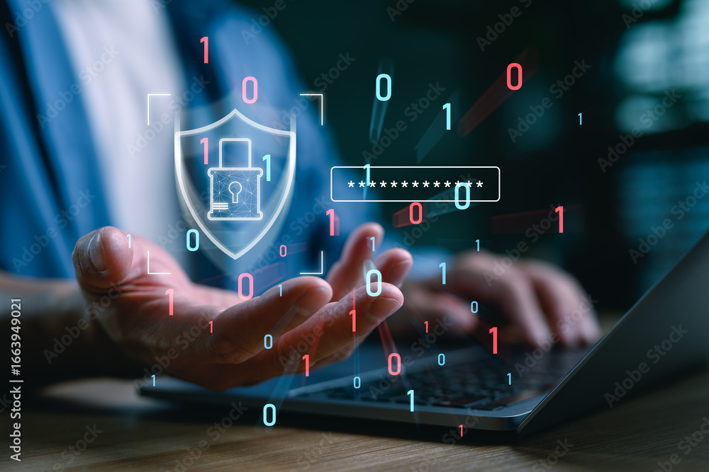 Poster cybersecurity and password protection concept with digital lock, binary code, and user authenticatio