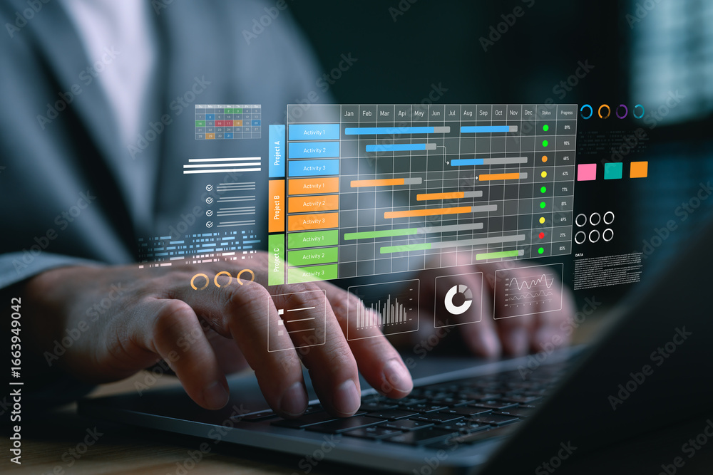 Poster businessman using laptop with virtual project management dashboard showing gantt chart, analytics an