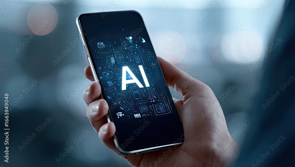 Poster close-up of a hand holding a smartphone with the word 