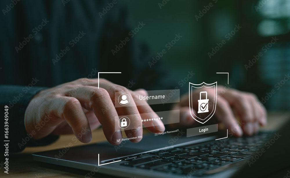 Poster secure login interface with username and password on laptop screen. user authentication, data protec