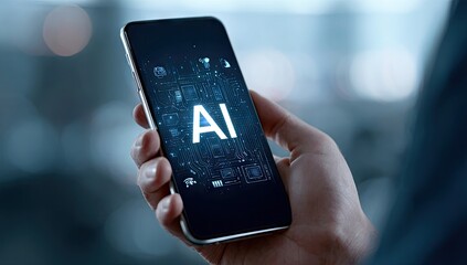 Close-up of a hand holding a smartphone with the word "AI" displayed.  Blurred background suggests a modern setting