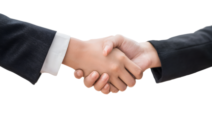 Business handshake between two people wearing dark suits and white shirts.