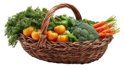 A basket filled with fresh vegetables including broccoli, carrots, and lettuce on a white isolated background.