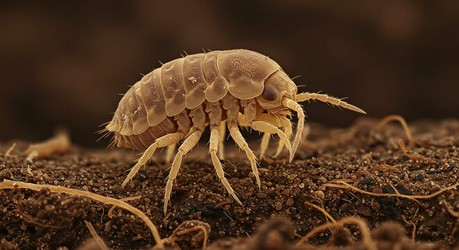 Close up shot of a woodlouse on soil with visible legs and segmented body in a macro photography style