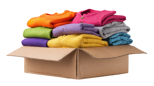 A cardboard box filled with neatly stacked colorful clothing items on a white isolated background.