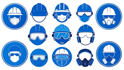 Various safety equipment icons displayed in a grid pattern, featuring protective helmets, masks, and goggles in different styles.