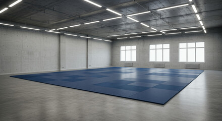 A large empty training room with blue mats concrete walls and bright overhead fluorescent lighting system