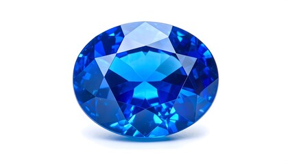 Close-up of an oval-shaped, vibrant blue gemstone, showcasing intricate facets and brilliant light reflection.