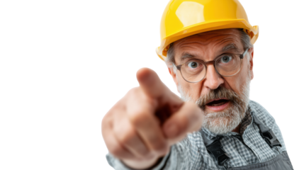 Angry construction worker yelling and pointing with a yellow helmet, isolated on white background.