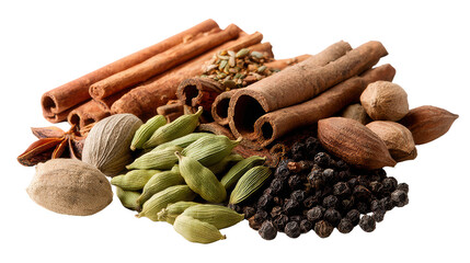 An assortment of aromatic spices displayed against a white isolated background.