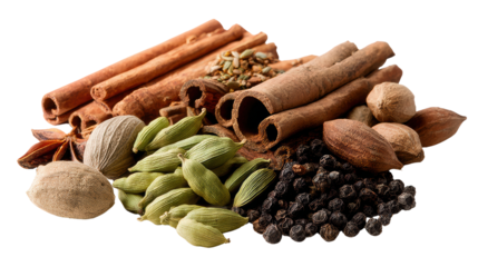 An assortment of aromatic spices displayed against a white isolated background.